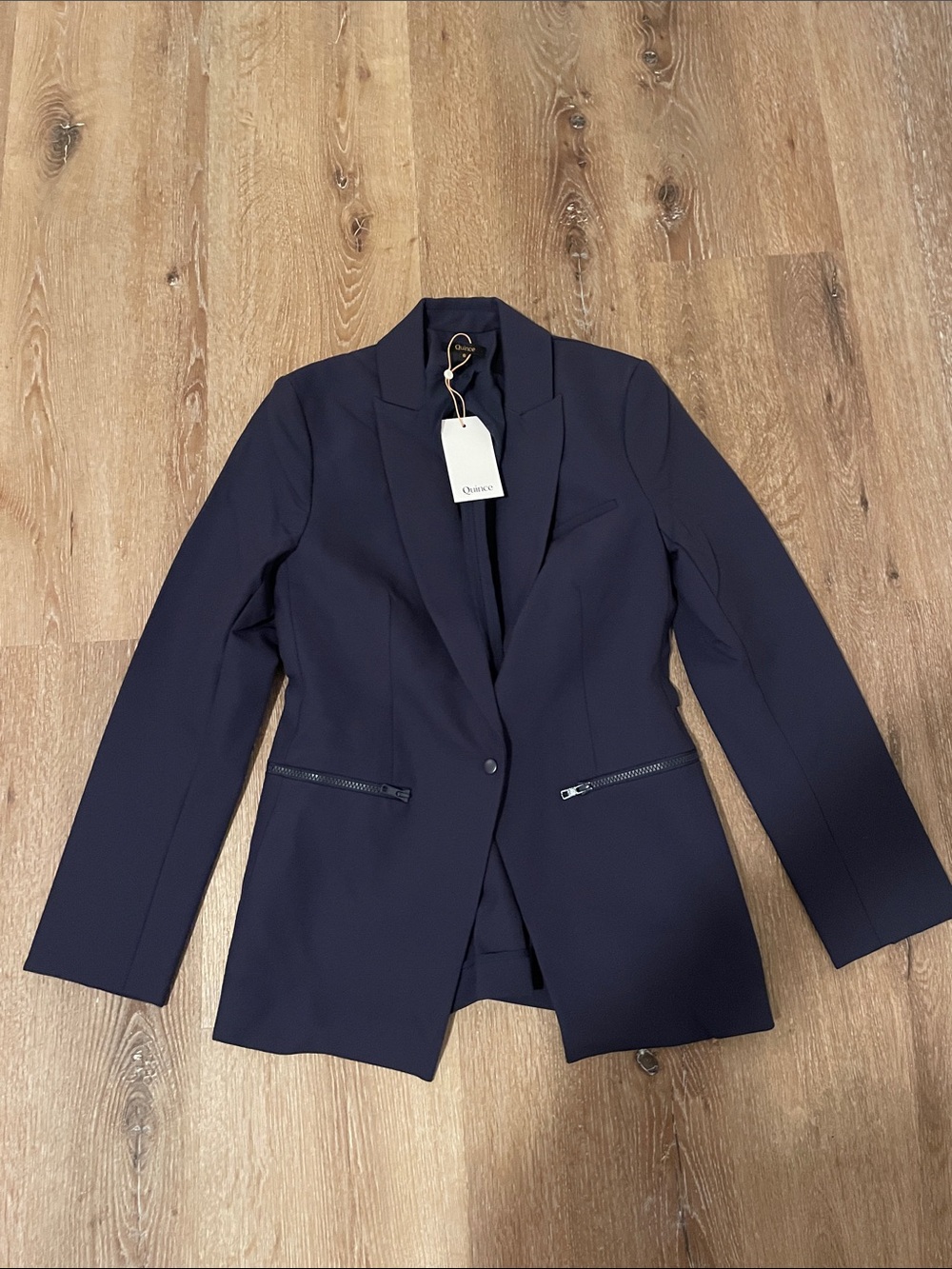 Quince Navy Single-Button Women's Blazer with Zipper Pockets
